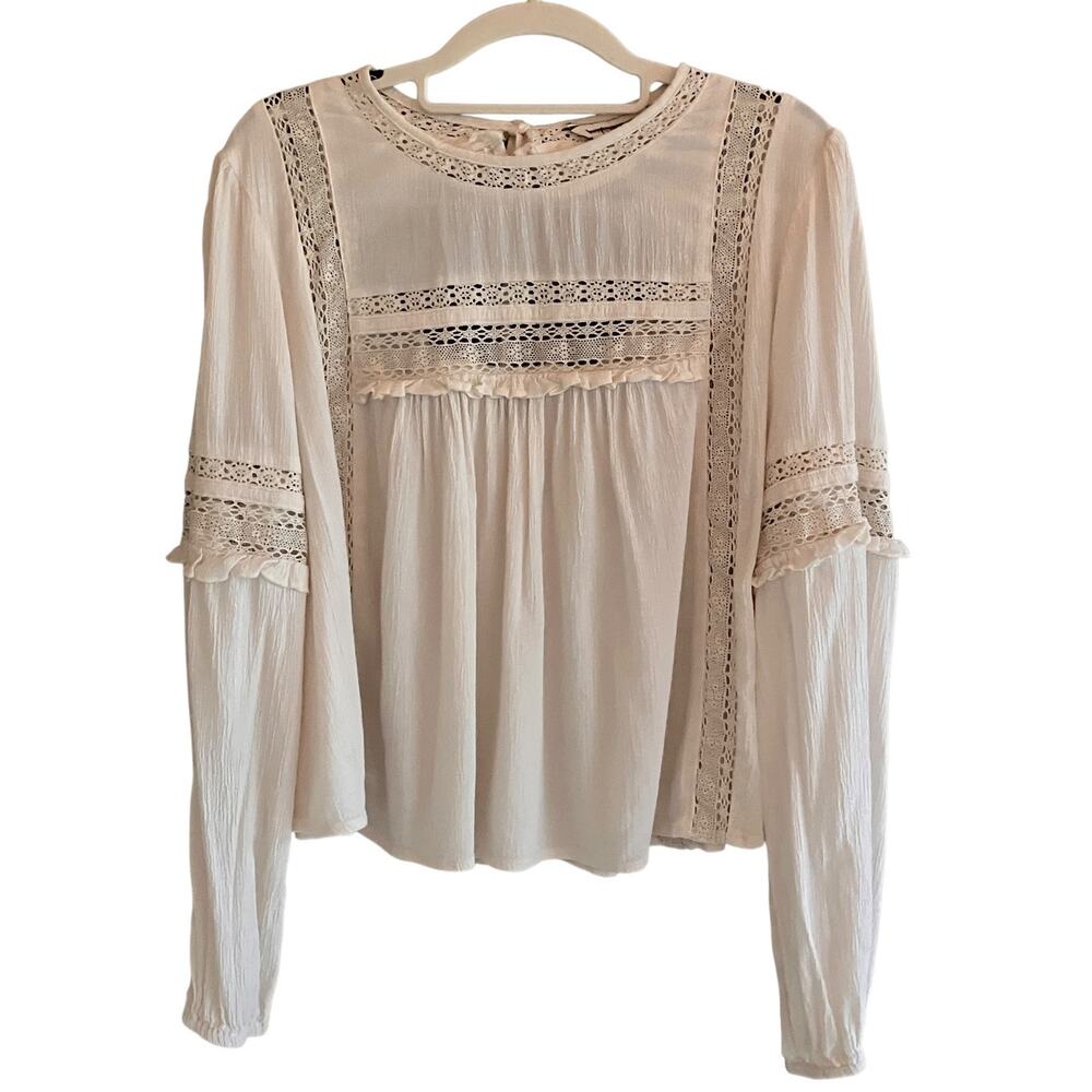Gauzy Boho Top American Eagle Lace Ruffles Cropped Cream L Festival CottageCore
